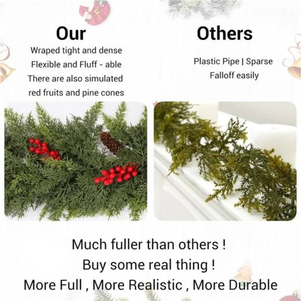 6ft Christmas Cedar Garland with Artificial Red Fruits and Pine Cones, Soft